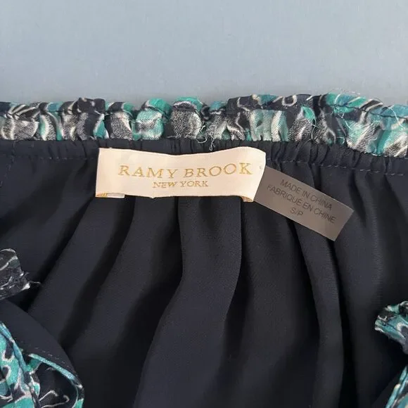 Ramy Brook Luanne Silk Pleated Smocked Teal Combo Long Sleeve Blouse